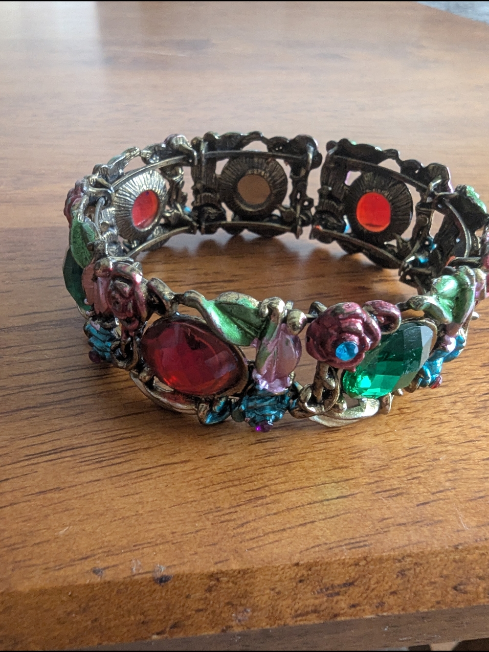 Vintage-Inspired Red and Green Gemstone Floral Hinge Cuff Bracelet